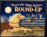 Book cover of 'Twas the Night Before Round-Up' with horses and people around a fence.