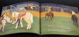Open book showing illustrations of horses and riders in a racetrack setting.