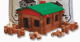Wooden toy house set with red roof and green roof.
