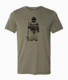 Olive green t-shirt with a graphic of a Smokey Bear holding a shovel.