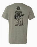 Olive green t-shirt with a graphic of a Smoley Bear shovel on the back.