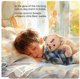 Illustration of a child lying in bed with a teddy bear, surrounded by soft light and autumn-themed text.