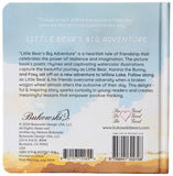 Back cover of a children's book titled 'Little Bear's Big Adventure' with text and branding.