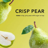 Green pears with water droplets on a yellow background, featuring text about the pear's flavor.