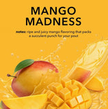 Promotional graphic for mango flavor with a yellow background.