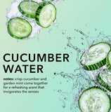 Sliced cucumbers with water splashes on a light green background, promoting cucumber water.