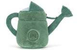 Green plush watering can toy with Jellycat logo design.