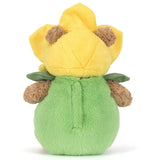 Brown plush teddy bear dressed in a yellow and green daffodil costume.