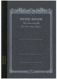 Charcoal colored notebook with decorative border and text.