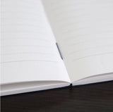 Open notebook with white pages.