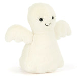 White plush ghost toy with a smiling face.