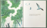 Interior of book with illustrations of trees, birds, and people.