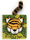Children's book titled 'If I were a tiger' with a tiger illustration and a fluffy tiger tail attached to it.