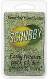 bar of green soap with a scrubber embedded within the soap. It is enclosed in a clear plastic package.
