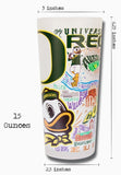 Glass tumbler with University of Oregon logo, as well as a myriad of colorful illustrations of the campus, student life, and region. the image also displays the dimensions and volume of the glass.