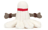 Back view of white plush toy badminton with a red headband, and gray arms, on a white background