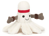 White plush toy badminton with a red headband, and gray arms, on a white background