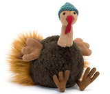 Plush brown turkey, with feathery textured fabric, wearing a blue knit cap.