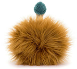 Plush brown turkey, with feathery textured fabric, wearing a blue knit cap.