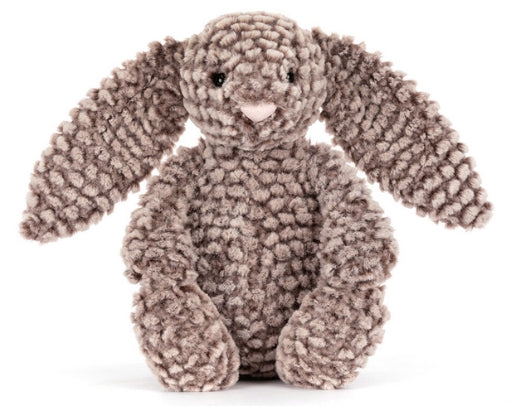 Plush brown bunny toy with long floppy ears and a textured fur pattern