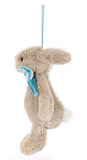 Plush beige bunny wearing a large light blue bowtie, suspended by a light blue ribbon ornament hanger.