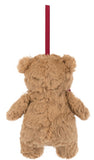 Plush brown teddy bear with red bowtie and red ribbon ornament hanger.