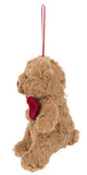Plush brown teddy bear with red bowtie and red ribbon ornament hanger.