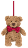 Plush brown teddy bear with red bowtie and red ribbon ornament hanger.