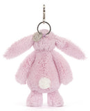 Pink plush bunny keychain on a white background.