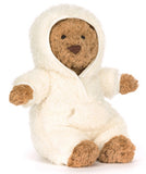 Plush brown bear in a white hooded outfit on a white background.