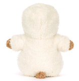 Plush brown bear in a white hooded outfit on a white background.