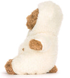 Plush brown bear in a white hooded outfit on a white background.