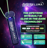 a chart detailing the features of the zipstring luma, such as the rechargeable battery and blacklight, as well as the five different colors of included strings.