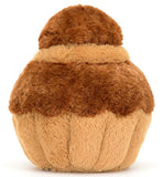 Plush toy brown muffin with a smiling face and corduroy legs.