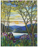 Journal cover with a tiffany window stained glass design featuring a mountainous river scene with wildflowers in the foreground.
