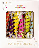 Packaged party horns with colorful stripes in a box, branded 'Party Partners'.