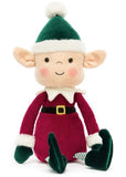 Plush elf toy with green hat and red outfit.