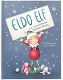Book cover of 'Eldo Elf and the Patchwork Bashful Bunny' with an elf character on a blue background with snowflakes.