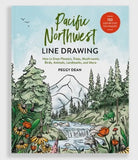 Book cover of 'Pacific Northwest Line Drawing' by Peggy Dean with illustrations of woods, mountains, flowers, and a stream.