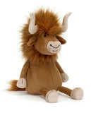 A plush toy bull with a brown body, beige hooves, and a fluffy mane. it has large plush horns and a smiling face.