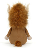 A plush toy bull with a brown body, beige hooves, and a fluffy mane. it has large plush horns and a smiling face.