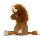 A plush toy bull with a brown body, beige hooves, and a fluffy mane. it has large plush horns and a smiling face.