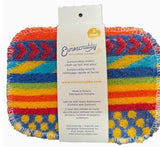 a roughly textured multicolored dishcloth.