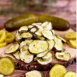 freeze-dried pickle slices in a neat pile.