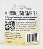 Rear side of Breadtopia Sourdough Starter package with QR code and website information for instructions. 