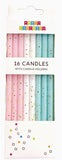 Pack of 16 colorful candles with decorative patterns on a white background.