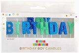Packaged birthday candles spelling 'Birthday Boy' in blue and green on a white background.