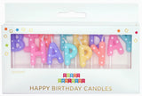 Packaged set of colorful 'Happy Birthday' candles with decorative box.