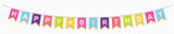 Colorful 'Happy Birthday' banner with multicolored flags.
