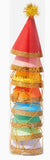 Stack of colorful party hats against a white background.